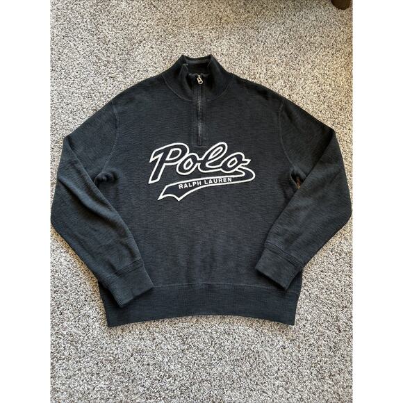Vtg? POLO Ralph Lauren size L SWEATER Ribbed 1/4 Zip SPELL OUT Cotton BLACK H24